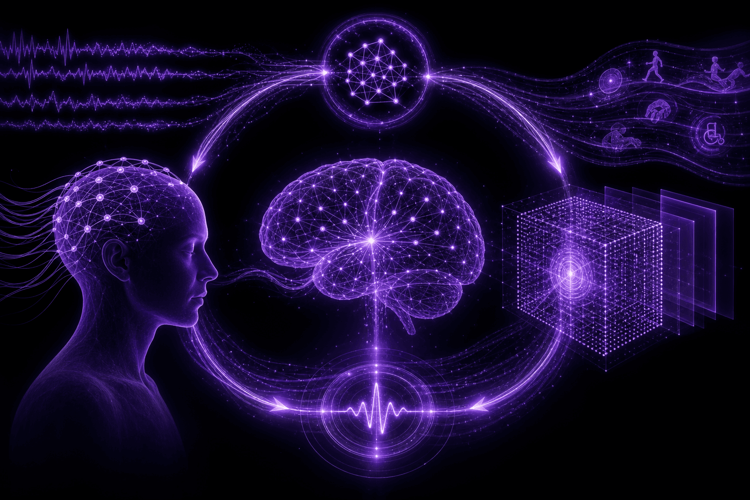 Abstract visualization of a BCI decoder adapting continuously through a closed loop of neural signal, context, and self-monitoring