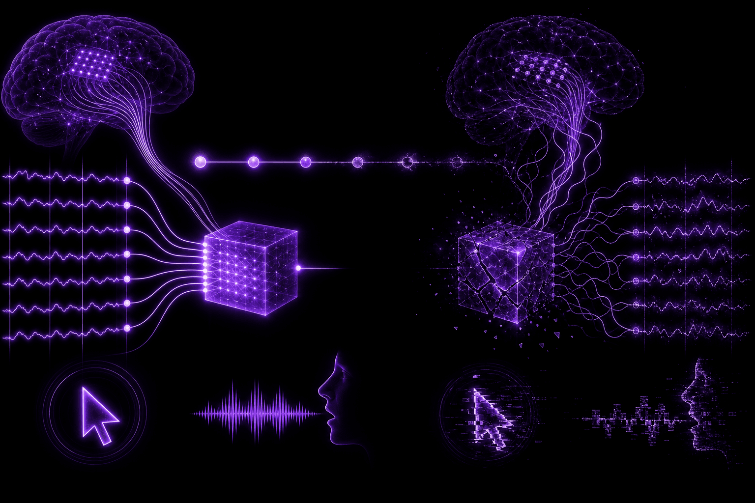 Abstract visualization of a sharp BCI demo on day one versus drifted, degraded decoder performance weeks later