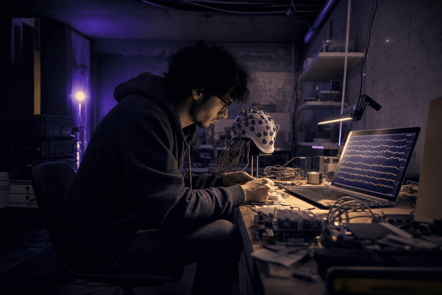 An early-stage BCI founder working alone in a small lab on neural hardware